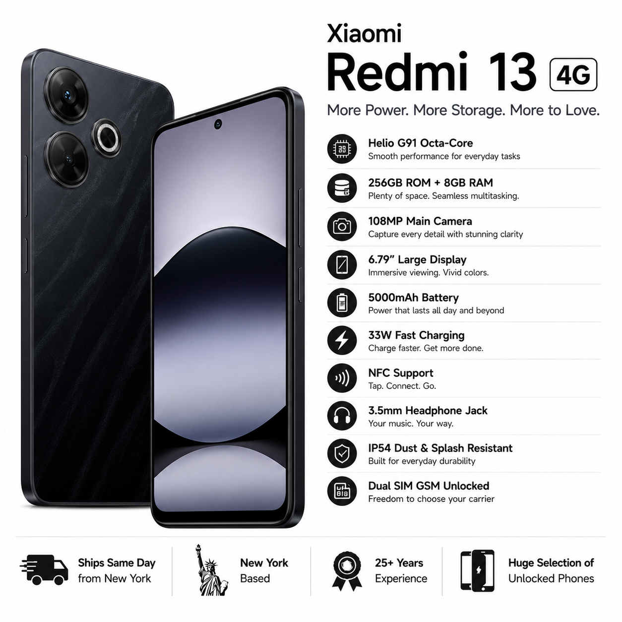 Xiaomi Redmi 13 4G Dual SIM 256GB ROM 8GB RAM GSM Unlocked - Black