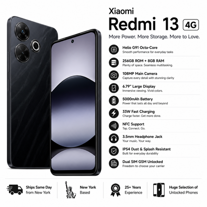 Xiaomi Redmi 13 4G Dual SIM 256GB ROM 8GB RAM GSM Unlocked - Black