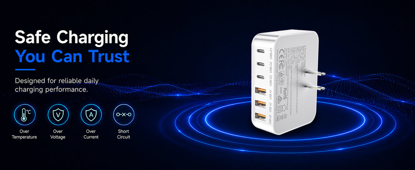 100W GaN 6-Port USB-C Fast Charging Station with PD 3.0 & QC 3.0 for iPhone, Samsung, iPad and Tablets