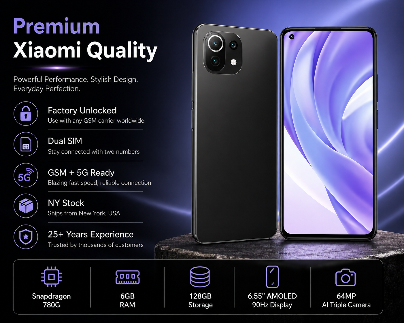 Xiaomi Mi 11 Lite 5G 128GB, 6GB, Dual SIM LTE GSM Unlocked -Boba Black