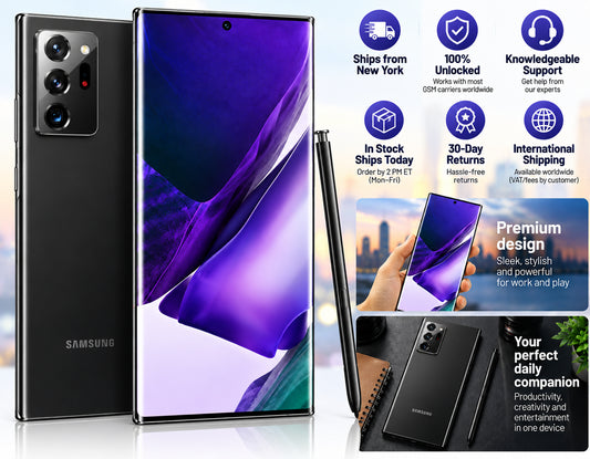 Black Samsung Note20 Ultra smartphone with S Pen and front display, promo layout
