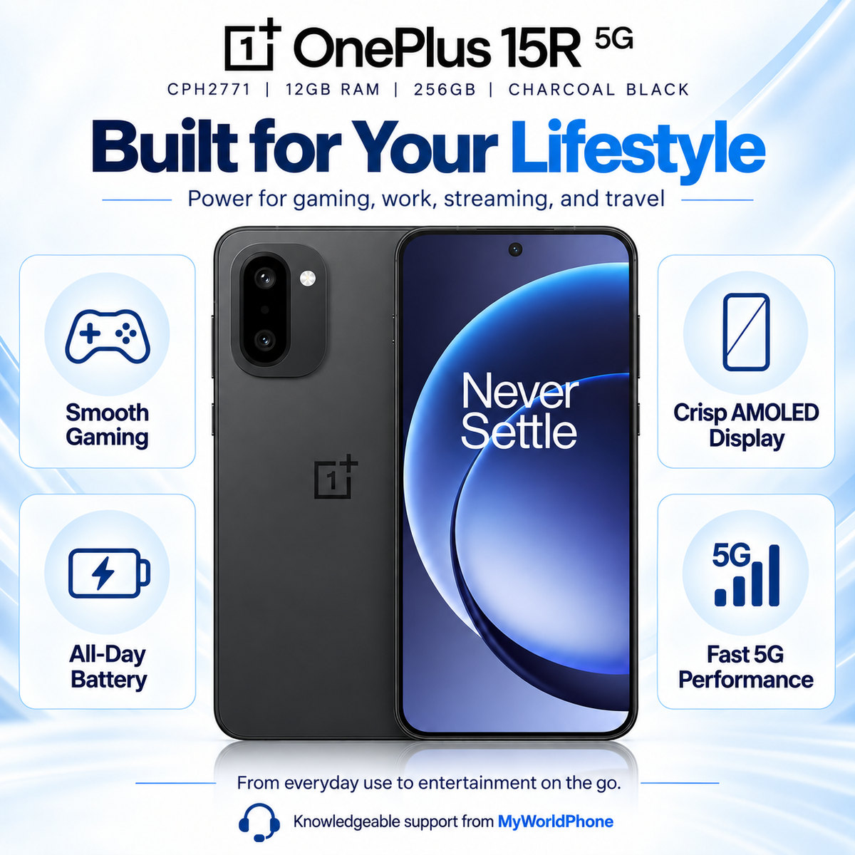 OnePlus 15R 5G Charcoal black smartphone front view with blue gradient display