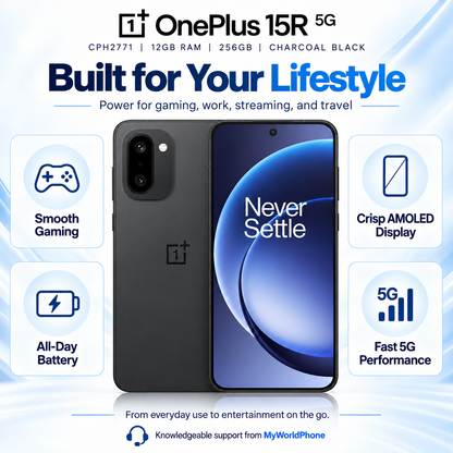 OnePlus 15R 5G Charcoal black smartphone front view with blue gradient display