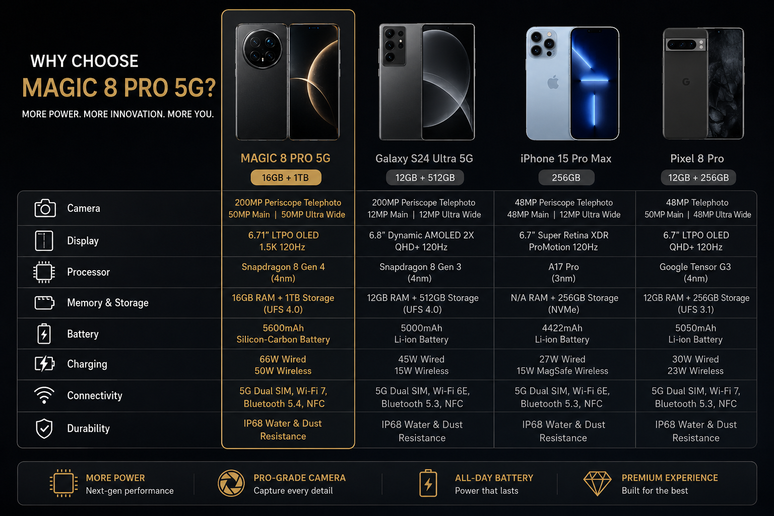 Honor Magic8 Pro 5G  Smartphone model comparison graphic showing multiple phones with rear camera lenses.