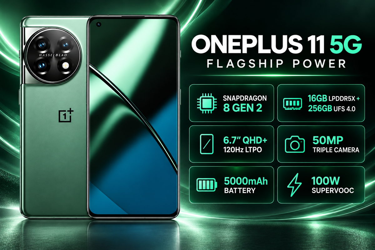 ONEPLUS 11 5G Green smartphone front and back with rear triple-camera lens cluster.