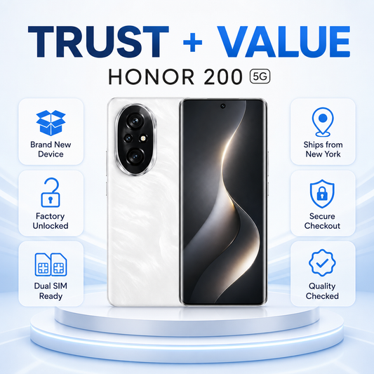 White smartphone front and back view with dual camera module