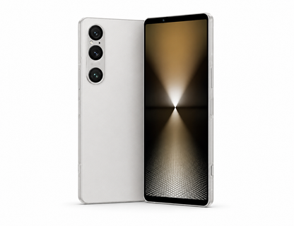Silver Sony Xperia 1 VI smartphone with triple rear cameras and front display