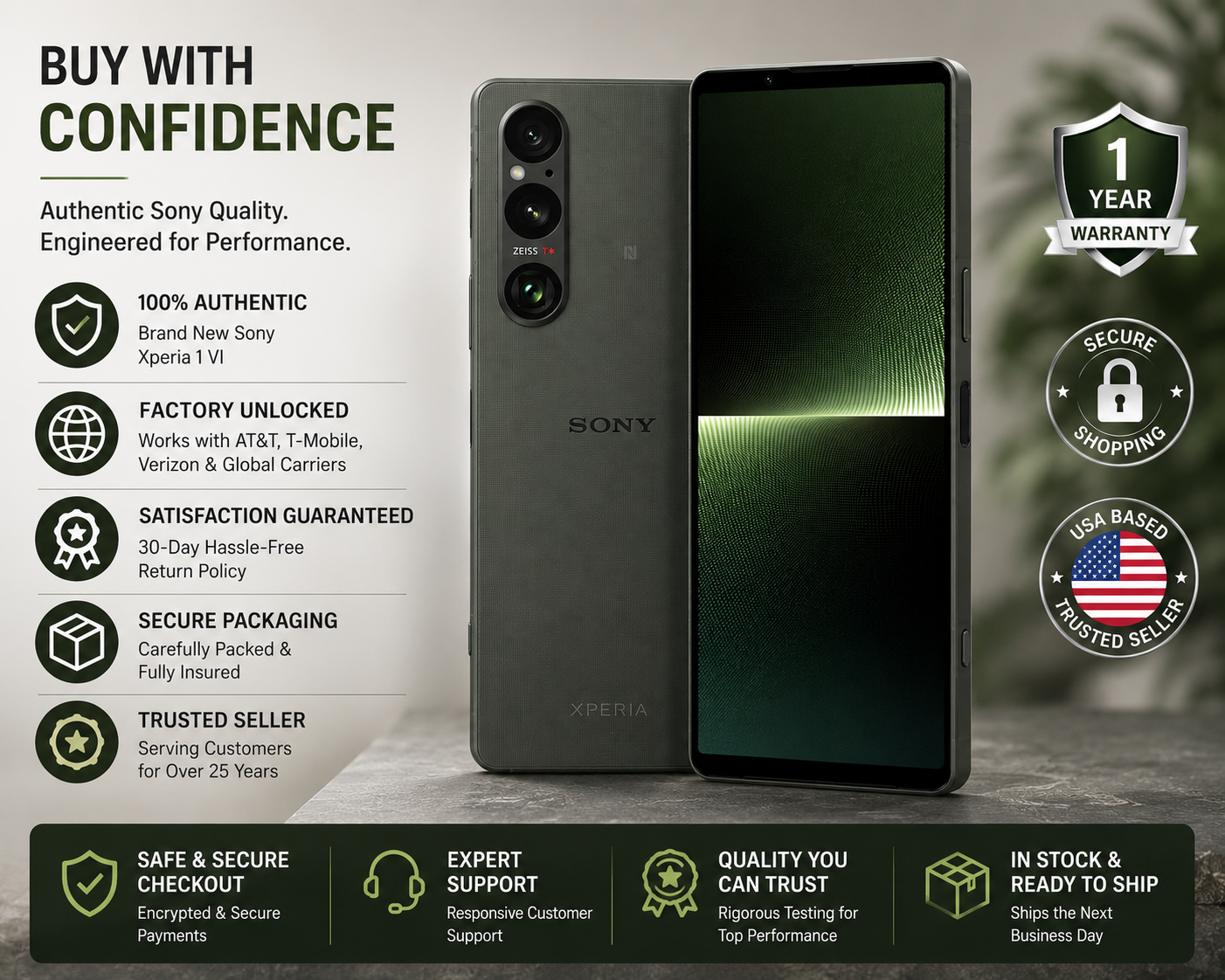 Sony Xperia 1 VI XQ-EC72 5G Dark green Sony Xperia smartphone with three-lens rear camera, front display facing forward