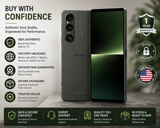 Sony Xperia 1 VI XQ-EC72 5G Dark green Sony Xperia smartphone with three-lens rear camera, front display facing forward