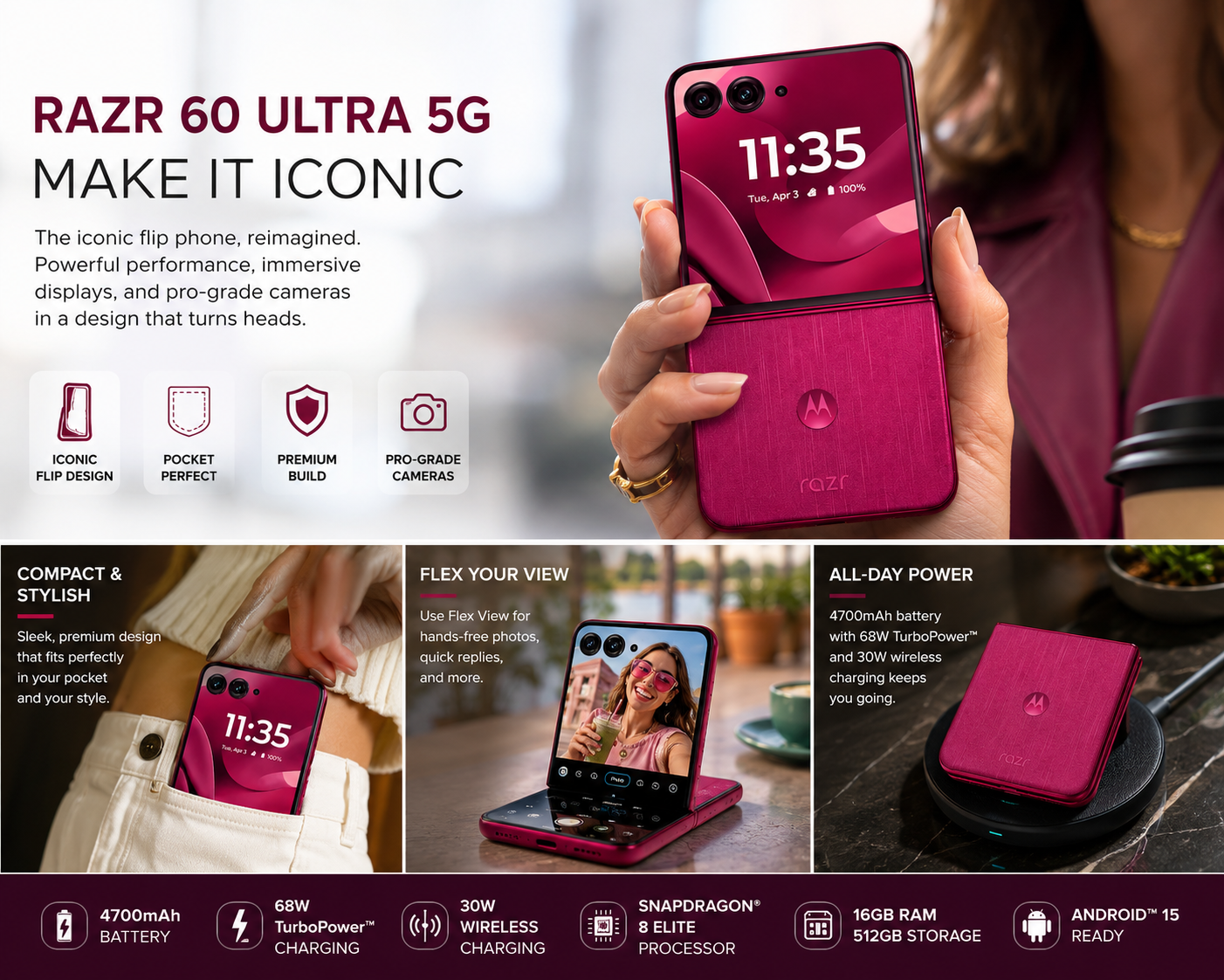 Maroon Motorola Razr flip phone held in hand, cover display shows 11:35