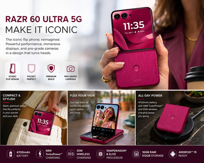 Maroon Motorola Razr flip phone held in hand, cover display shows 11:35