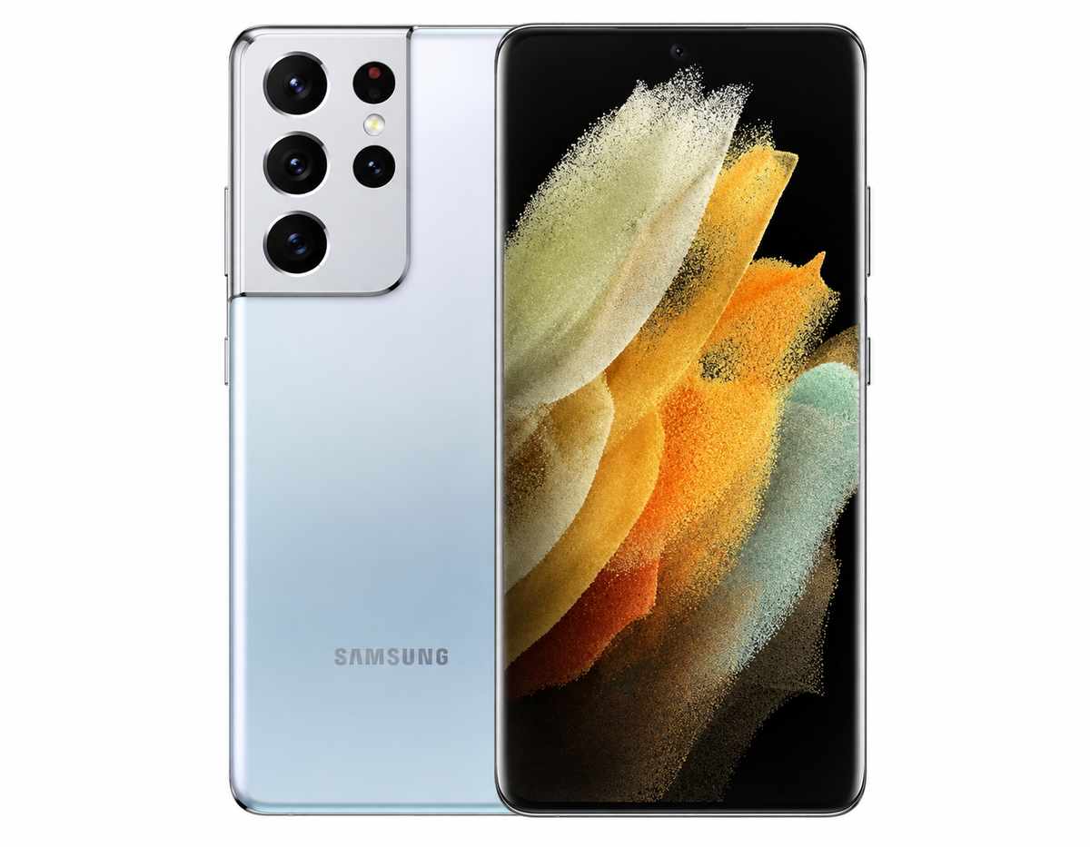 Silver Samsung Galaxy S21 Ultra 5G phone with curved front screen and quad rear cameras.