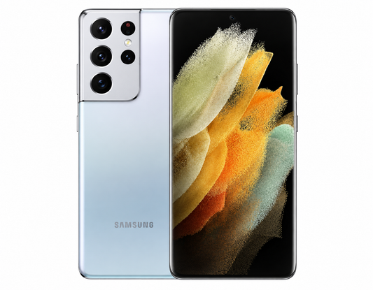 Silver Samsung Galaxy S21 Ultra 5G phone with curved front screen and quad rear cameras.