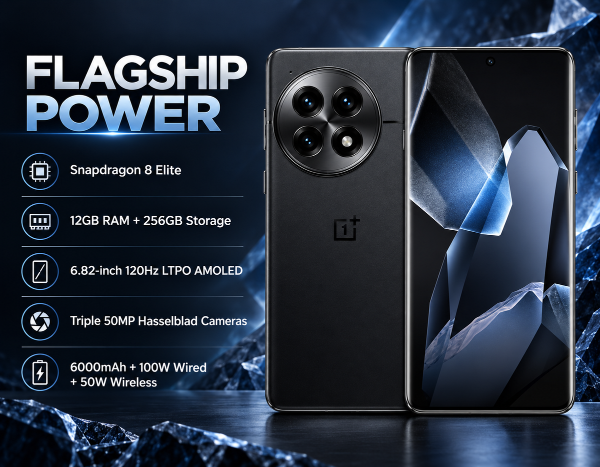 Black OnePlus 13 5G smartphone front and back with triple camera module