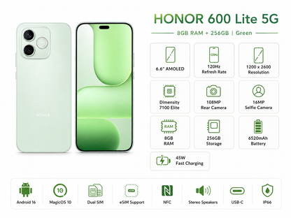 HONOR 600 Lite 5G specs infographic with display, camera, and battery icons