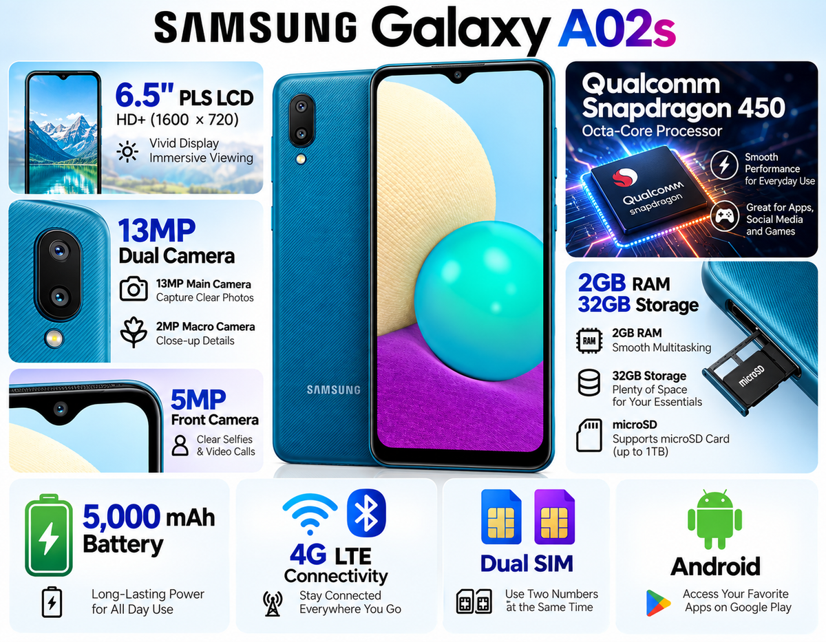 Samsung Galaxy A02 A022G/DS Dual Sim LTE 32GB, 2GB RAM GSM Unlocked - Blue