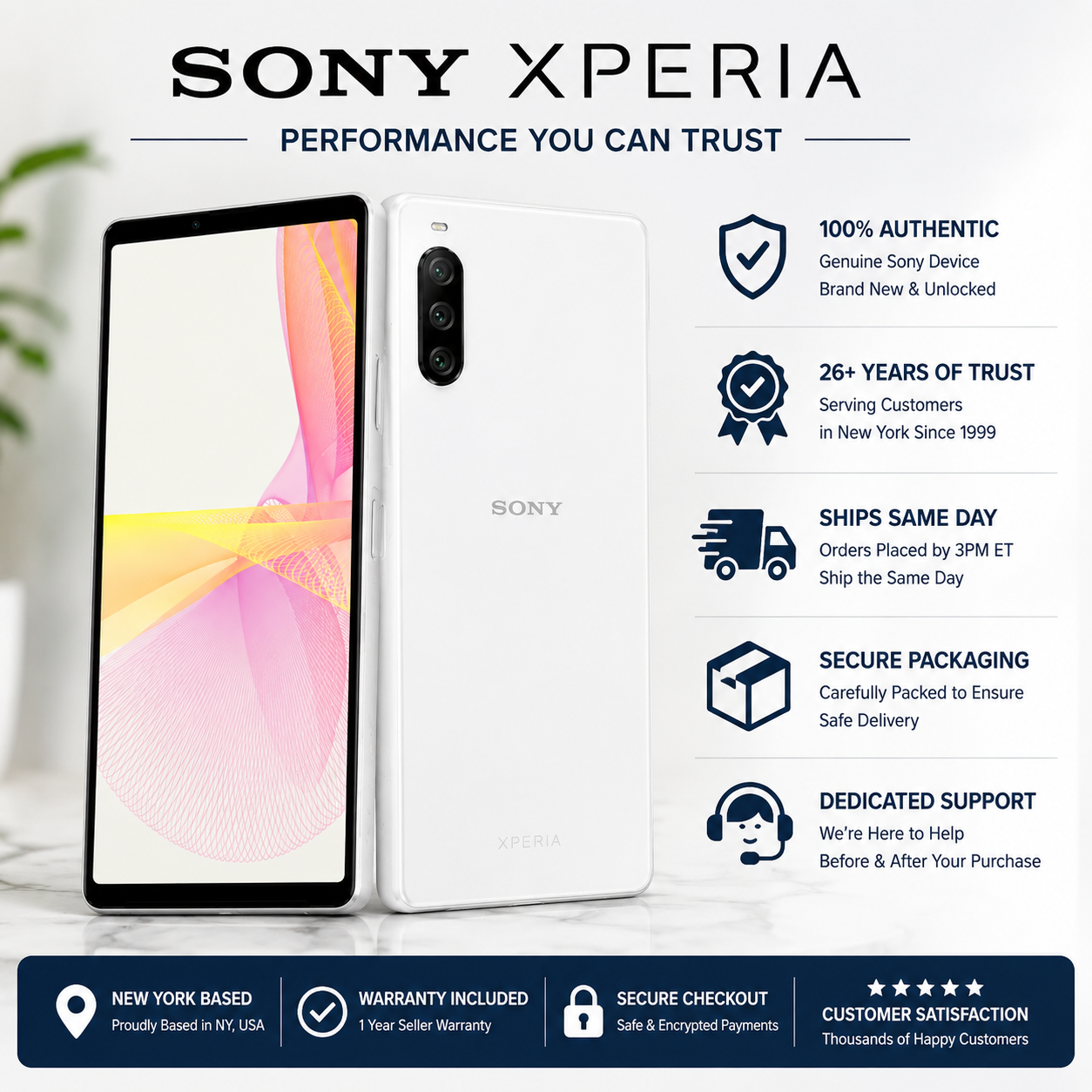 Sony Xperia 5 IV 5G XQ-CQ72 White smartphone front and back, with vertical rear camera module visible