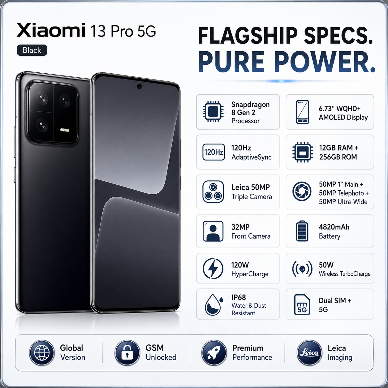 Xiaomi 13 Pro 5G Dual SIM 256GB ROM 12GB RAM Global GSM Unlocked - Black
