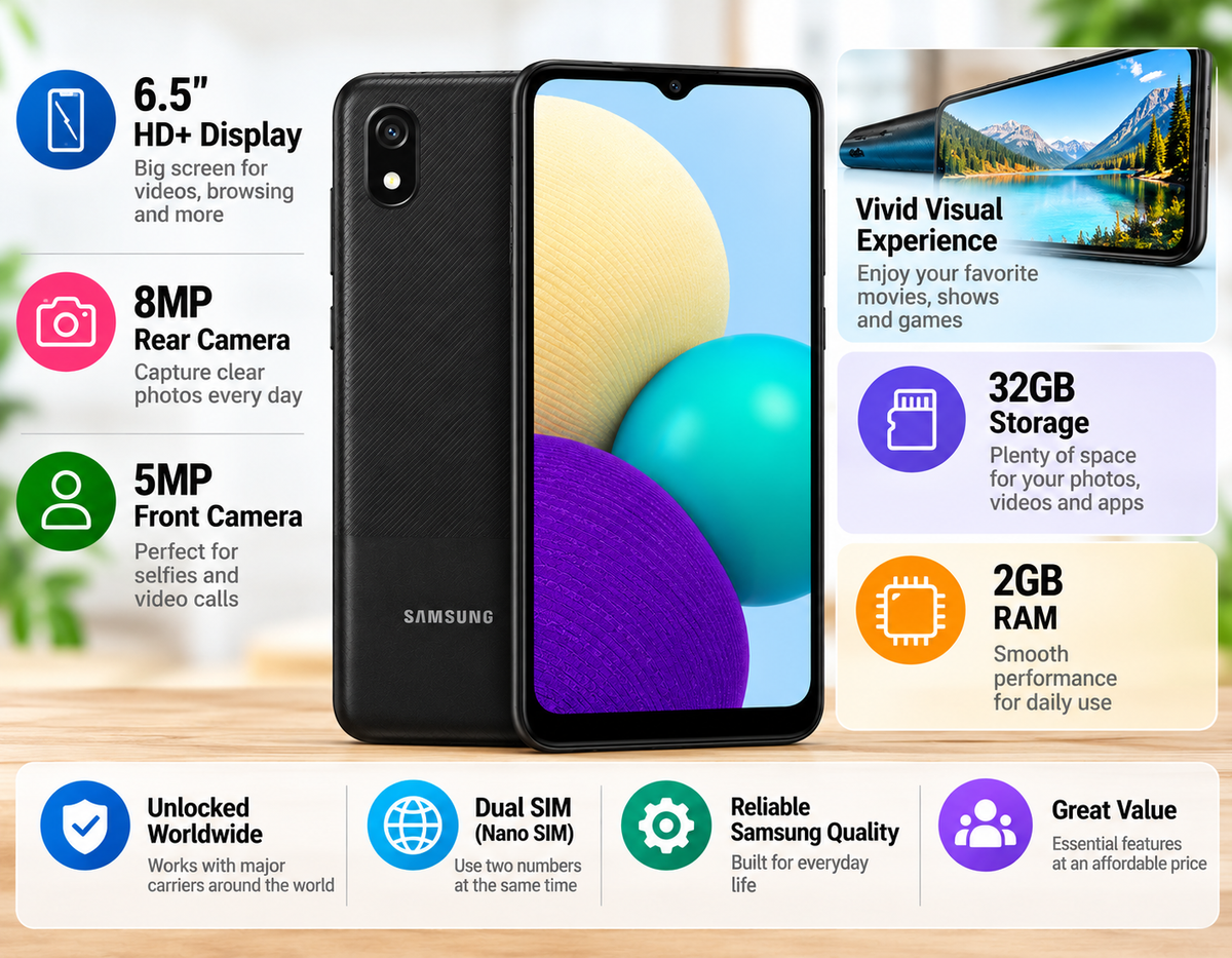Black Samsung Galaxy A03 Core phone showing front screen and rear camera