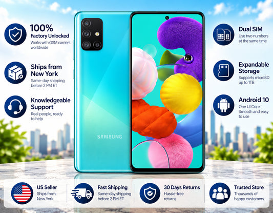 Samsung Galaxy A51 Prism Crush Blue smartphone with front and back, dual SIM and shipping badges