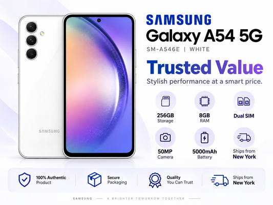 White Samsung Galaxy A54 5G smartphone front and back, screen glowing