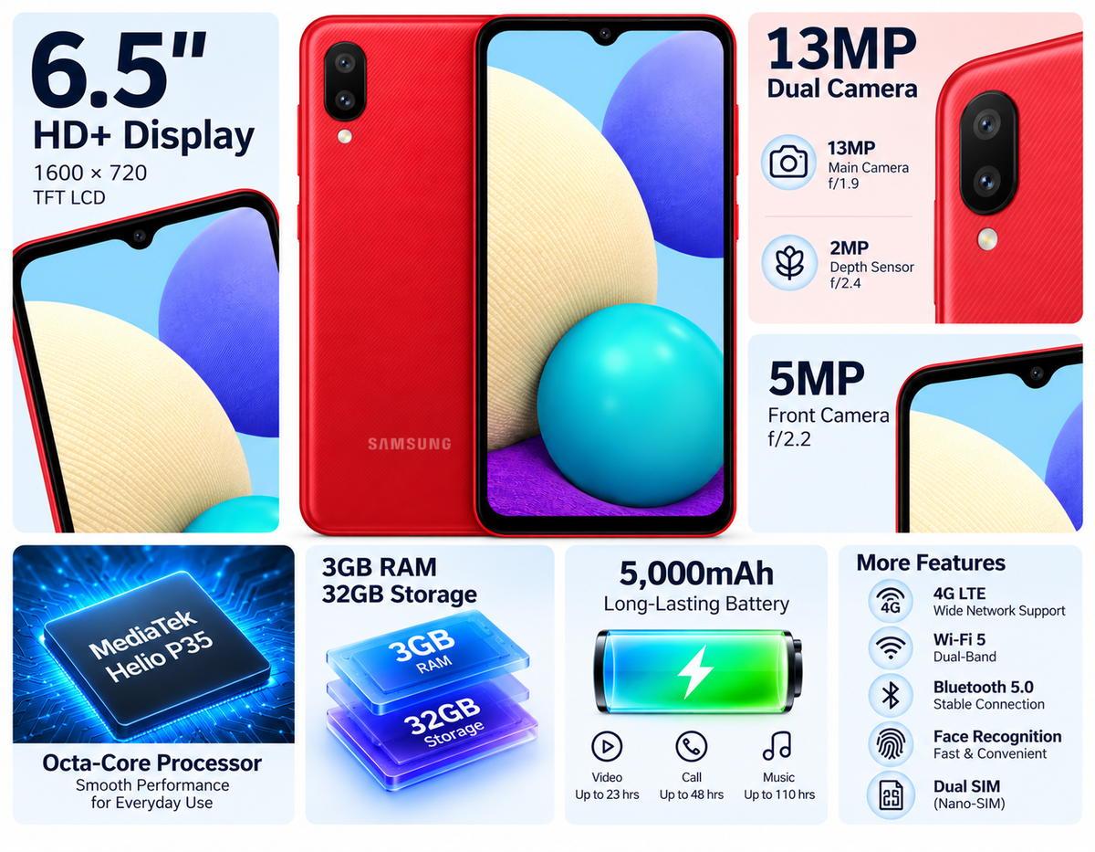 Samsung Galaxy A02 Red smartphone front display and back camera with feature icons panel