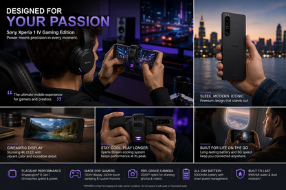 Black Sony Xperia 1 IV gaming smartphone held in hand, back side visible
