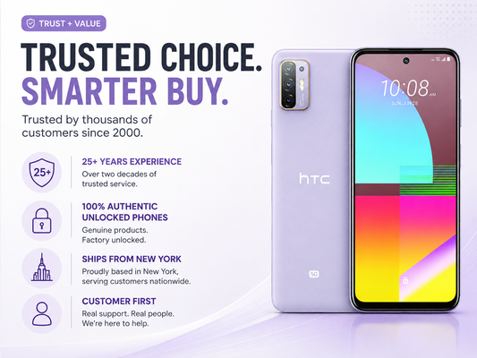 HTC Desire 21 Pro 5G  Lavender purple HTC smartphone front screen with time 10:08 and rear cameras
