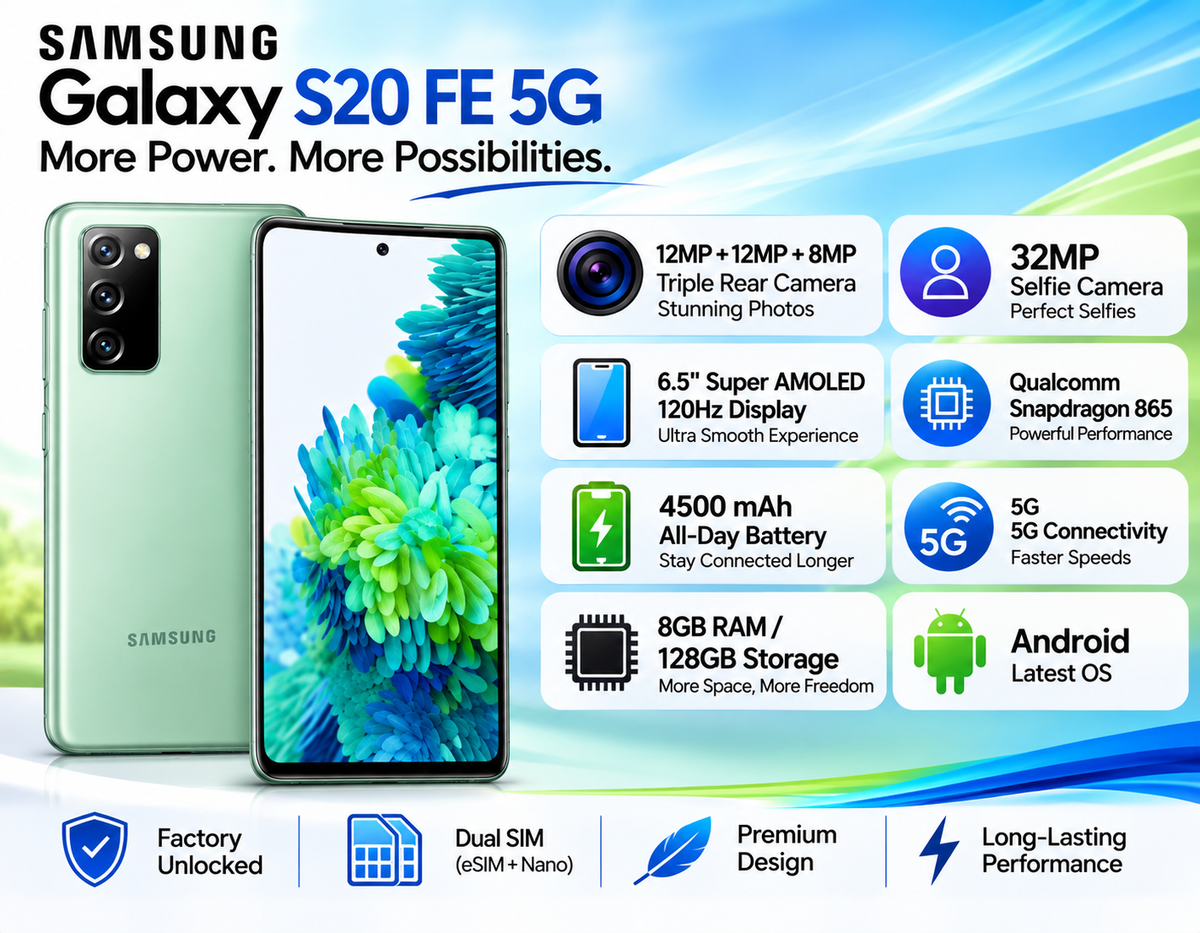 Cloud Mint Samsung Galaxy S20 FE 5G smartphone shown front and back with cameras