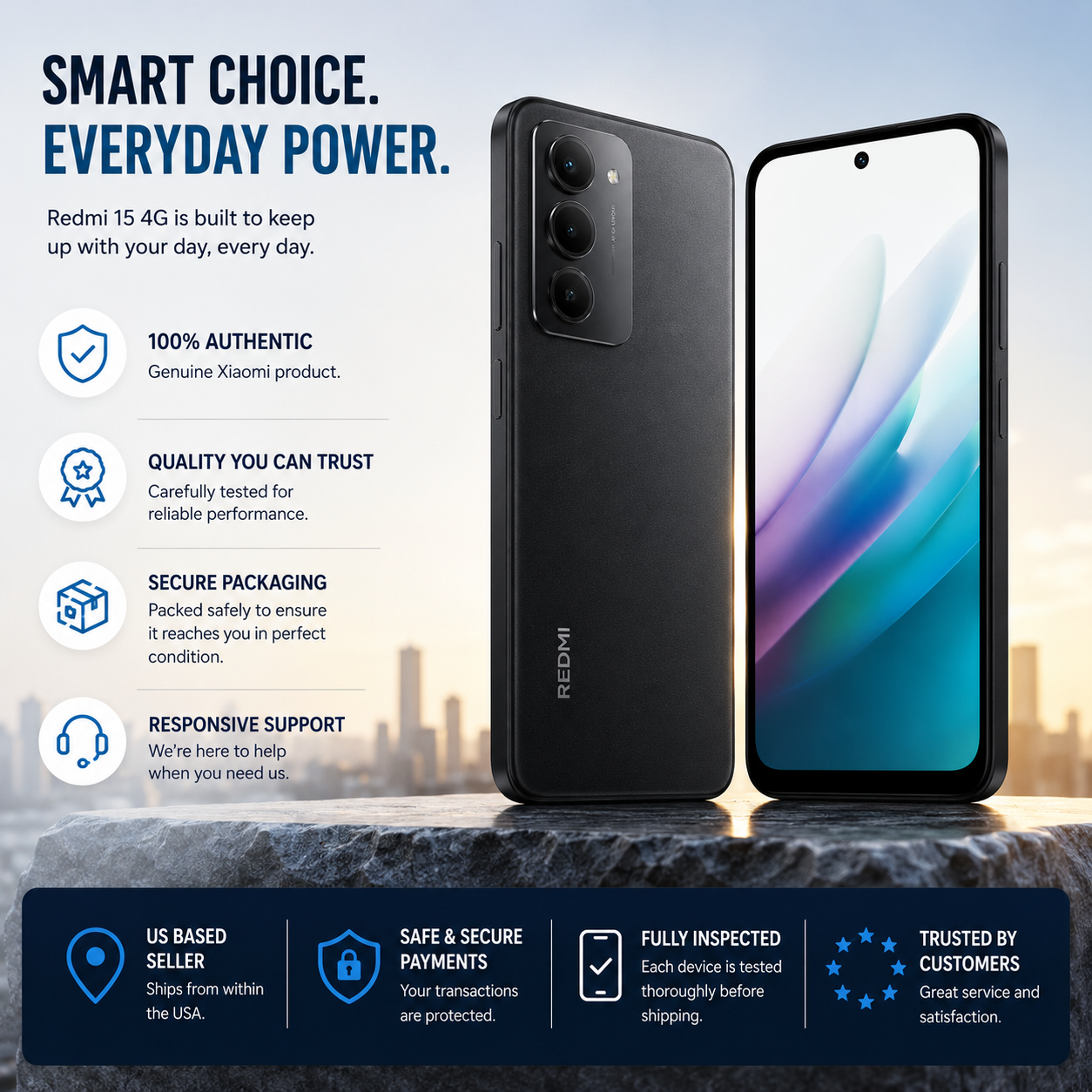Black smartphone front and back view with dual camera module at top-left