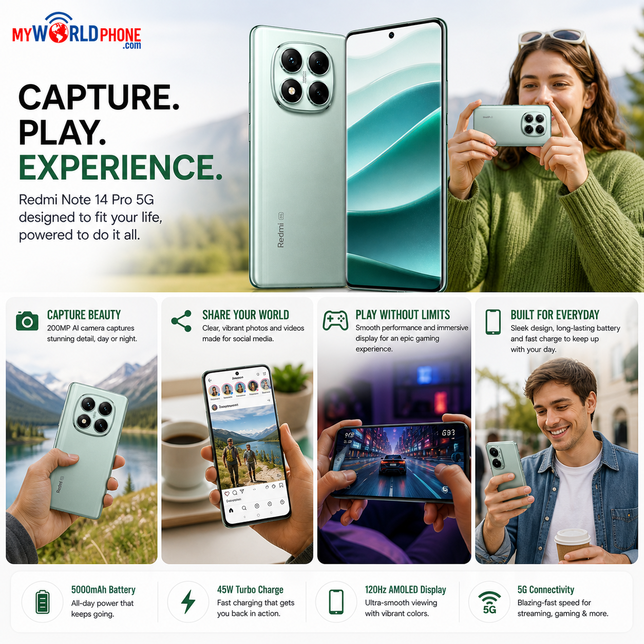 Xiaomi Redmi Note 14 Pro 5G 256GB ROM 8GB RAM Dual SIM GSM Unlocked - Coral Green