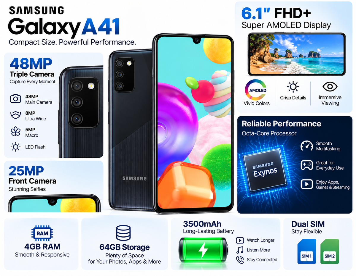 Samsung Galaxy A41 A415F-DSN 64GB 4GB RAM Dual SIM GSM unlocked -Prism Crush Black