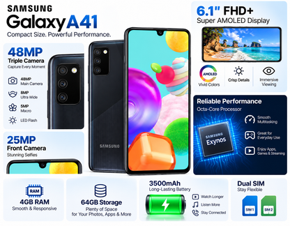 Samsung Galaxy A41 A415F-DSN 64GB 4GB RAM Dual SIM GSM unlocked -Prism Crush Black