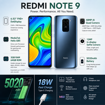 Xiaomi Redmi Note 9 3GB/64GB Dual Sim 6.53" 48MP GSM Unlocked- Forest Green