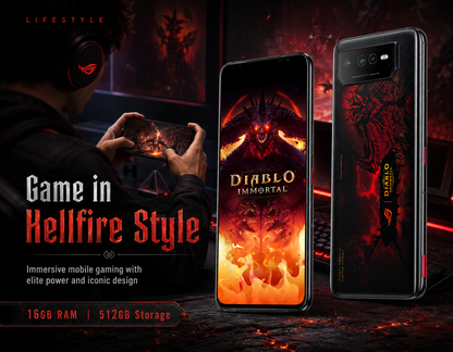 ASUS ROG Phone 6  smartphones, dark back with red design and front screen showing fiery hero