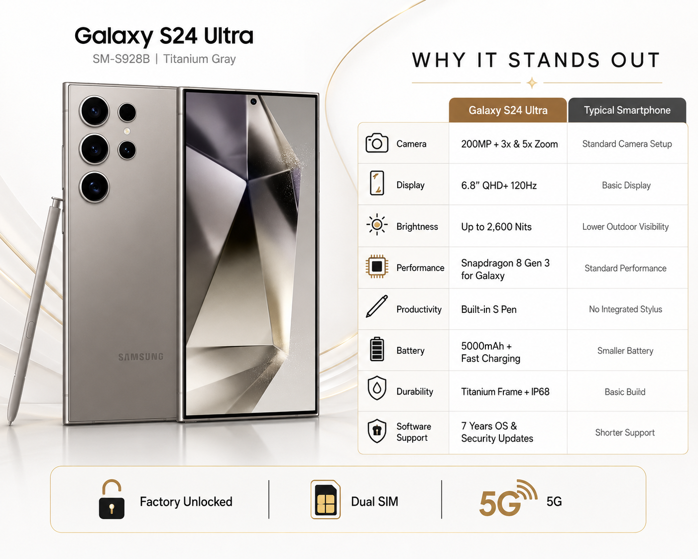 Samsung Galaxy S24 Ultra Titanium grey unlocked 5G smartphone with dual-camera back and front display, with stylus