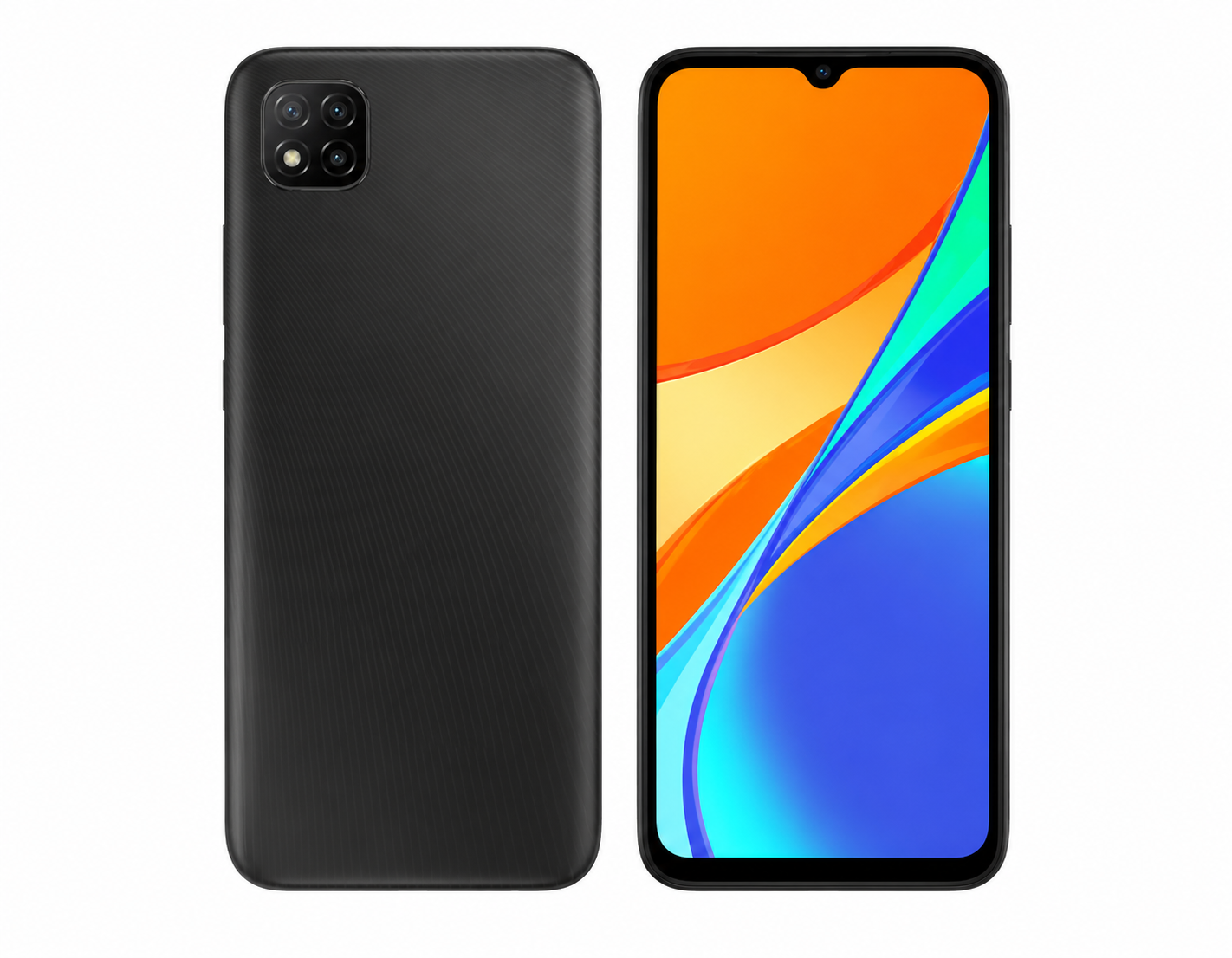 Xiaomi Redmi 9C Midnight grey smartphone with dual rear cameras and textured back panel