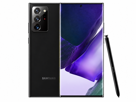Samsung Galaxy Note20 Ultra smartphone, Mystic Black back and front with S Pen