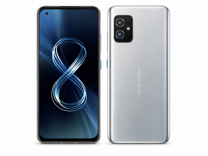Silver ASUS Zenfone 8 smartphone showing front and back panels side by side.