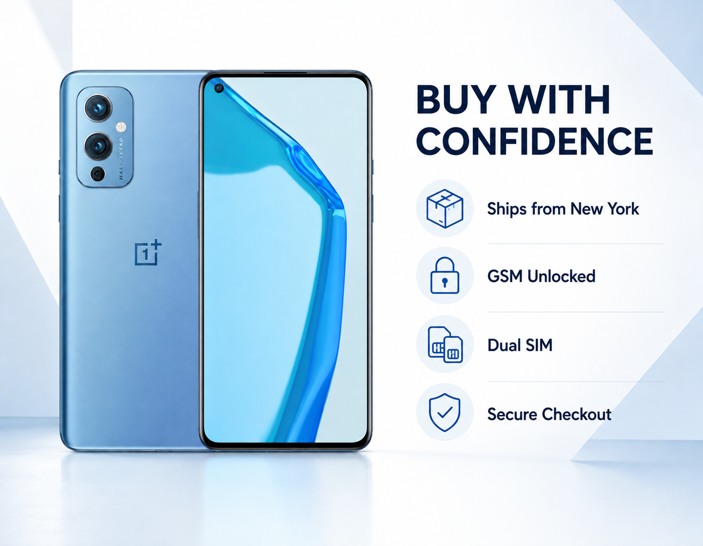 Blue OnePlus 9 5G smartphone front and back view with rear camera module