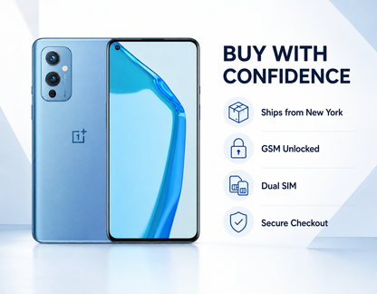Blue OnePlus 9 5G smartphone front and back view with rear camera module