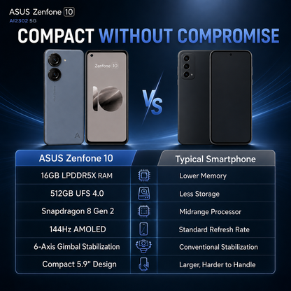 Asus Zenfone 10 AI2302 5G Two compact smartphones side-by-side: blue rear with front display for comparison