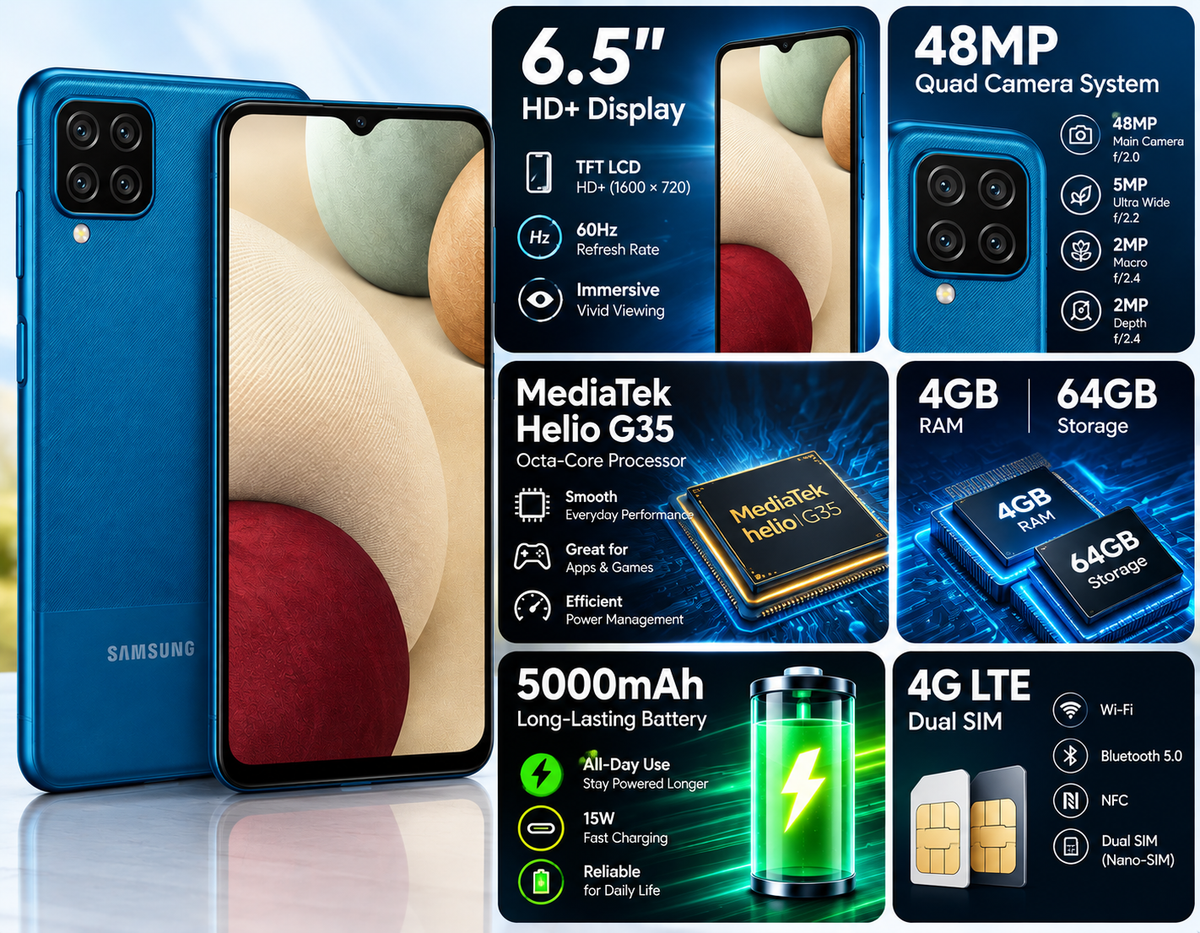 Blue Samsung Galaxy A12 phone shown front and back with quad camera module