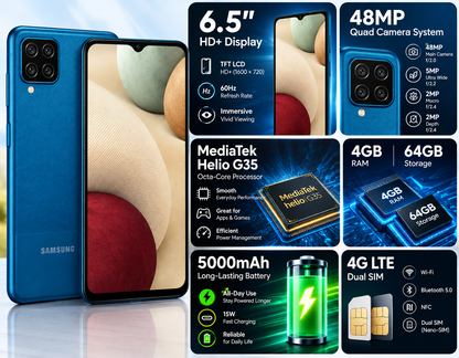 Blue Samsung Galaxy A12 phone shown front and back with quad camera module