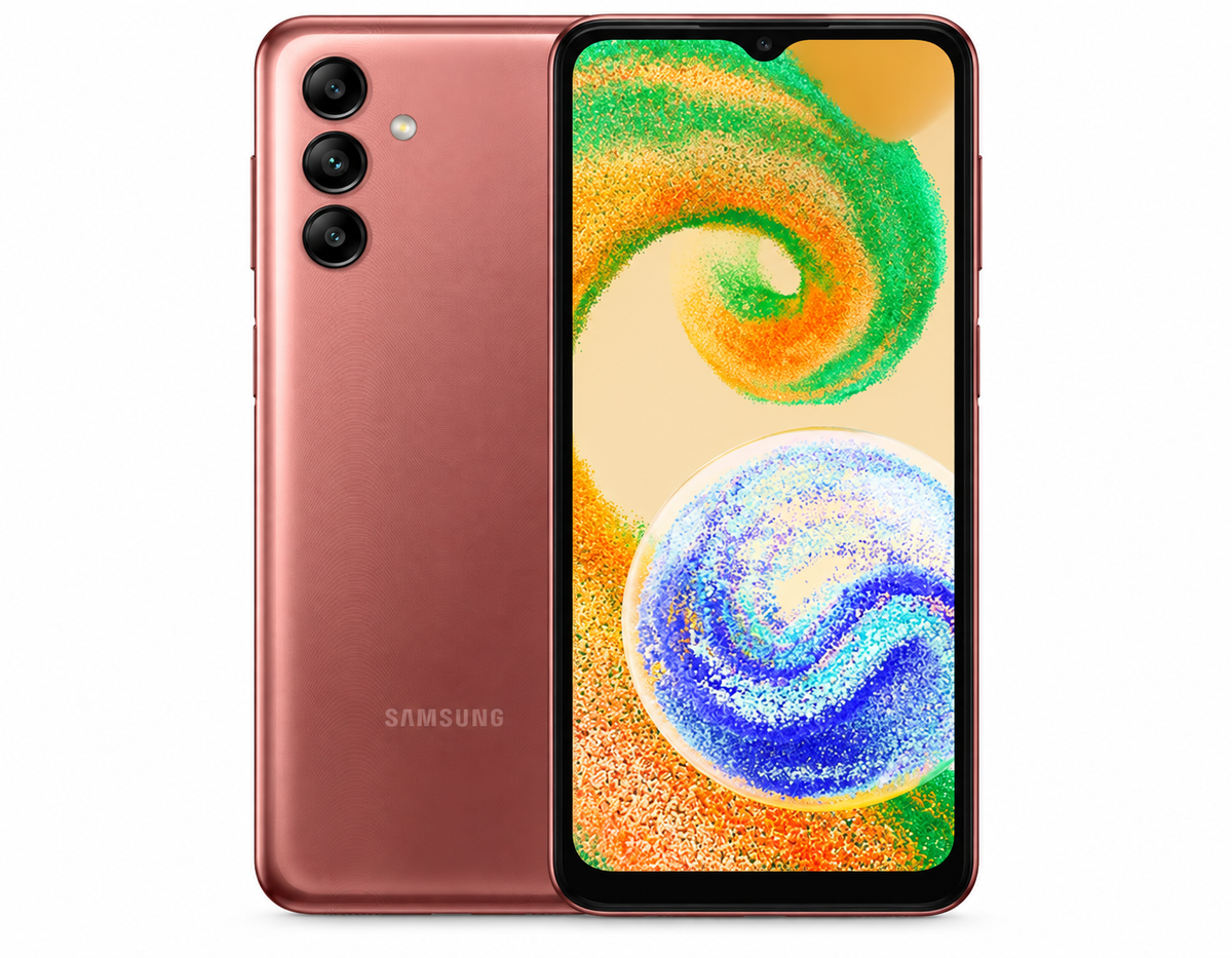 Samsung Galaxy A04 phone with copper back and front screen on view