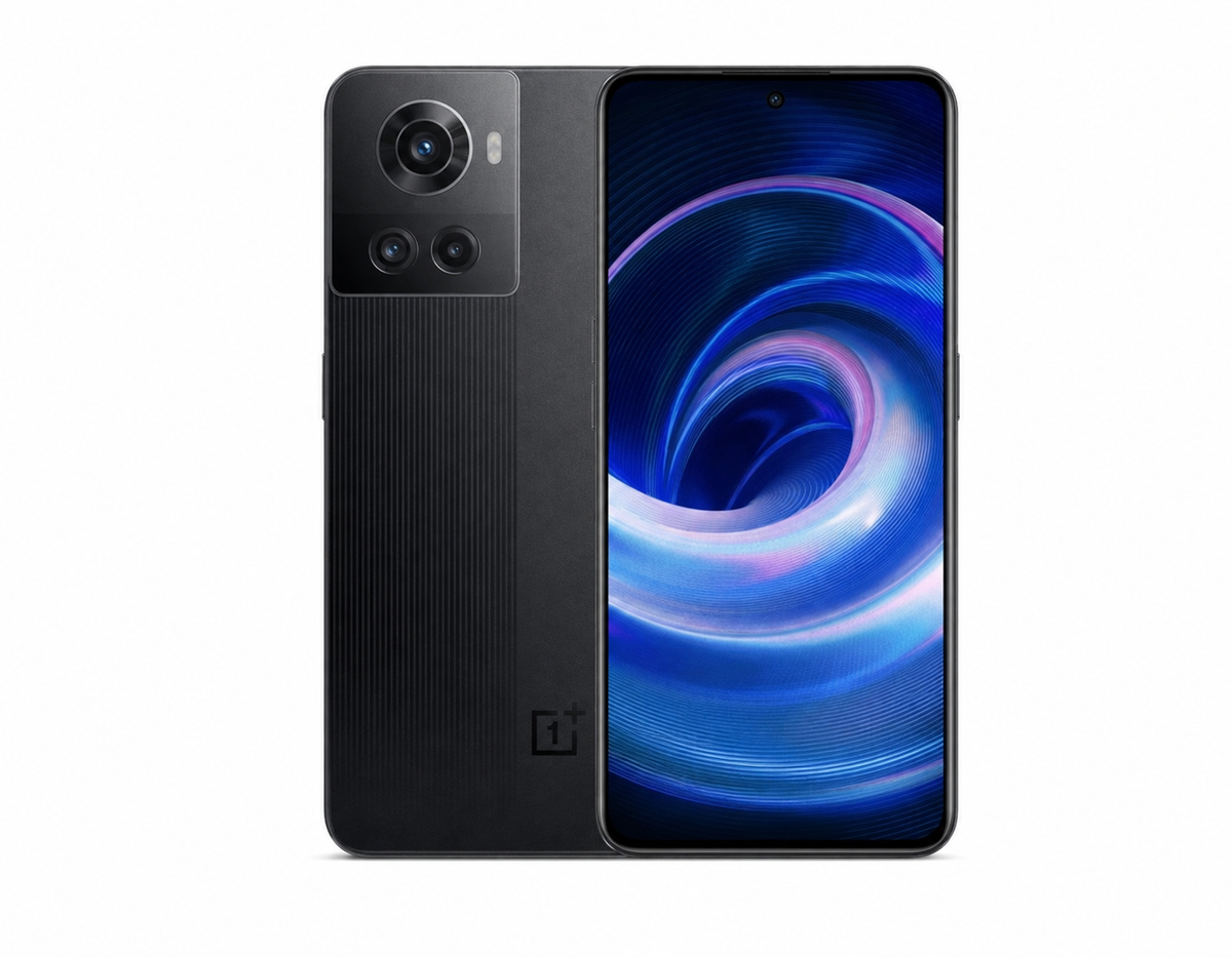 OnePlus Ace 10R smartphone in black, front and back view with dual rear cameras