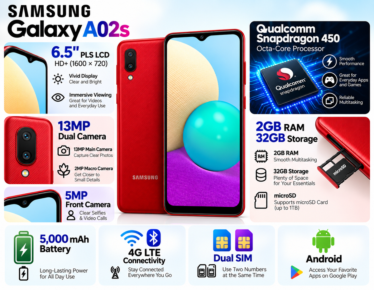 Samsung Galaxy A02 A022G/DS Dual Sim LTE 32GB, 2GB RAM GSM Unlocked - Red