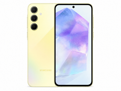 Samsung Galaxy A55 5G smartphone in Awesome Lemon, front and back view