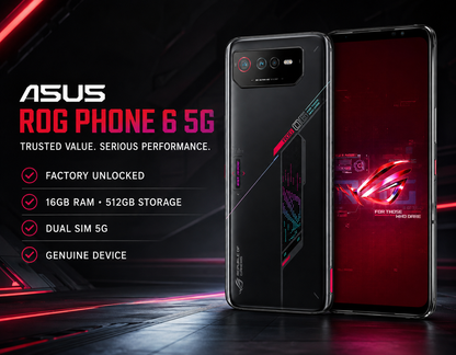 Black Asus ROG Phone 6 5G smartphone, back and front shown side by side