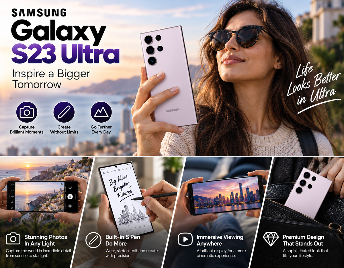 Lavender Galaxy S23 Ultra held by a woman outdoors, rear camera visible